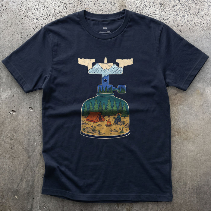 Brew On at High Camp, Backpacking Stove design on a Navy Gildan Softstyle t-shirt
