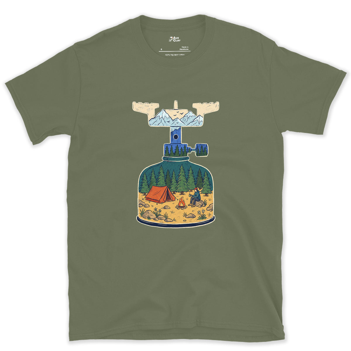 Brew On at High Camp, Backpacking Stove design on a Military Green Gildan Softstyle t-shirt