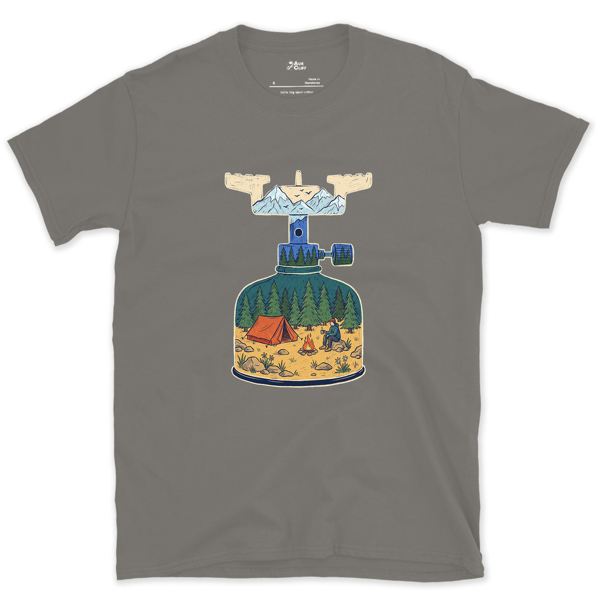 Brew On at High Camp, Backpacking Stove design on a Charcoal Gildan Softstyle t-shirt
