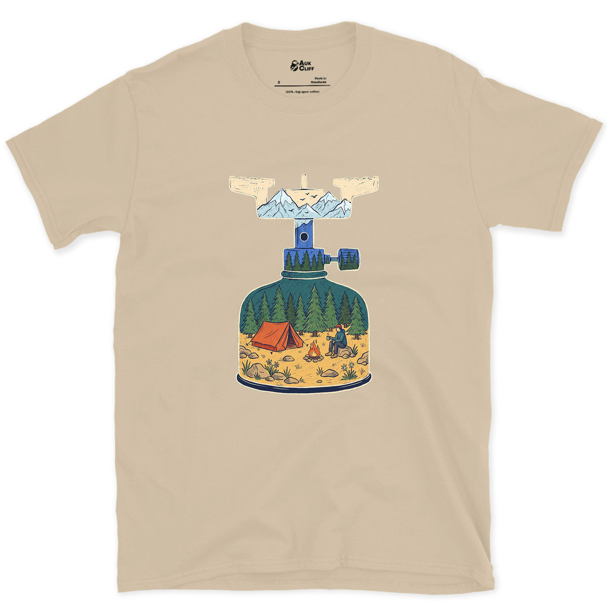 Brew On at High Camp, Backpacking Stove design on a Sand Gildan Softstyle t-shirt