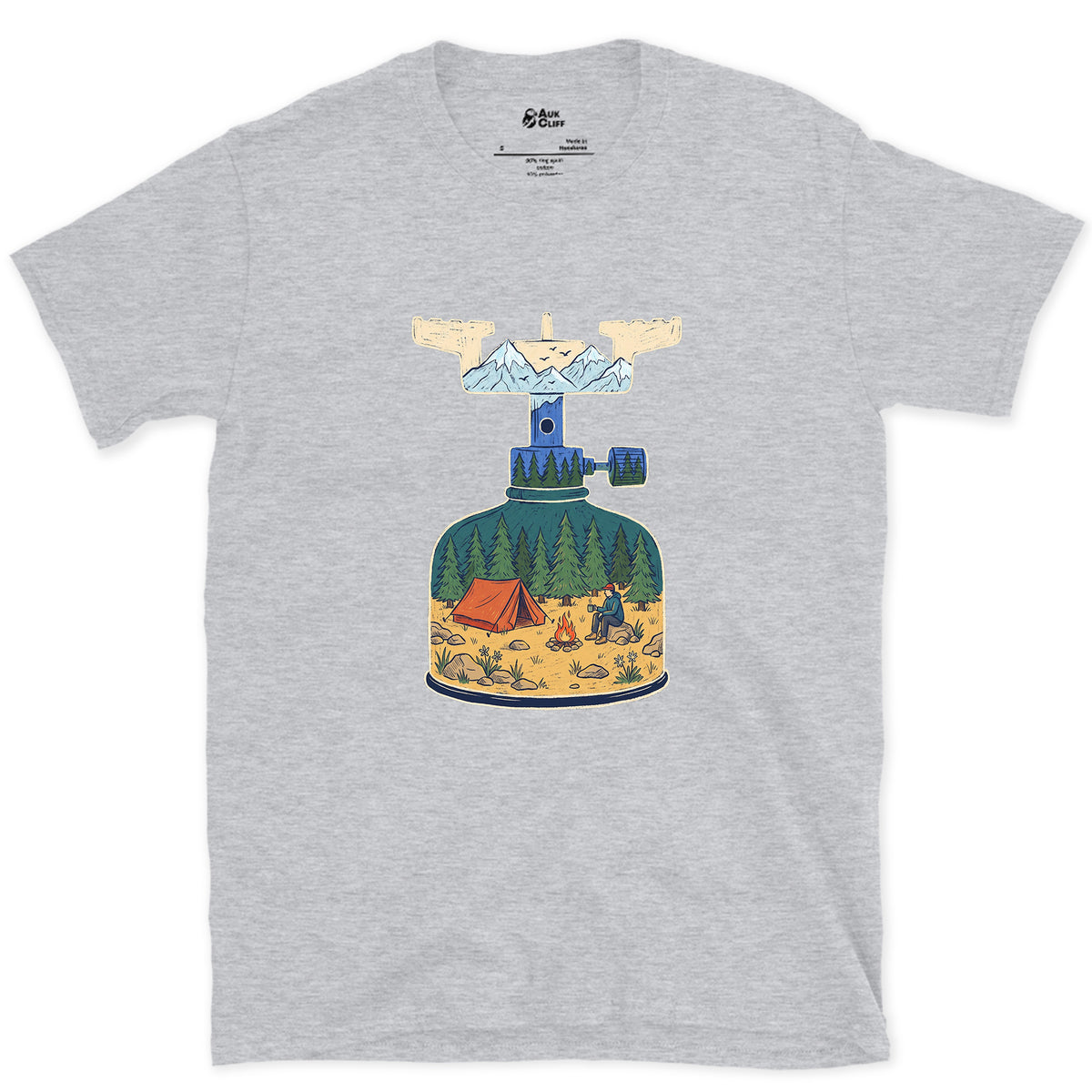 Brew On at High Camp, Backpacking Stove design on a Sport Grey Gildan Softstyle t-shirt