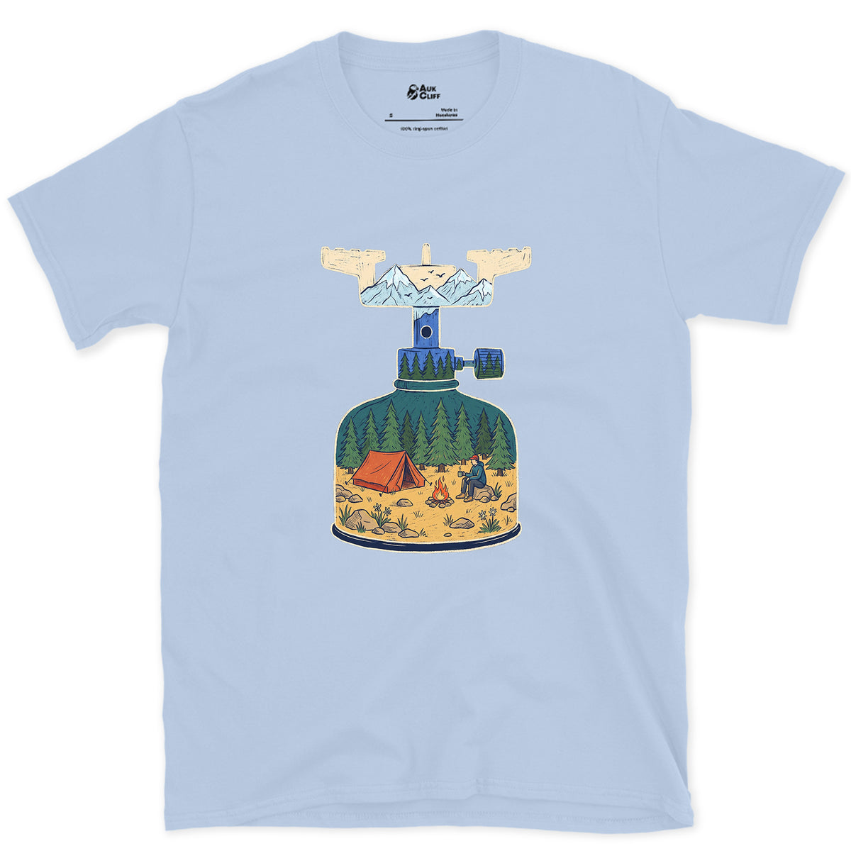Brew On at High Camp, Backpacking Stove design on a Light Blue Gildan Softstyle t-shirt