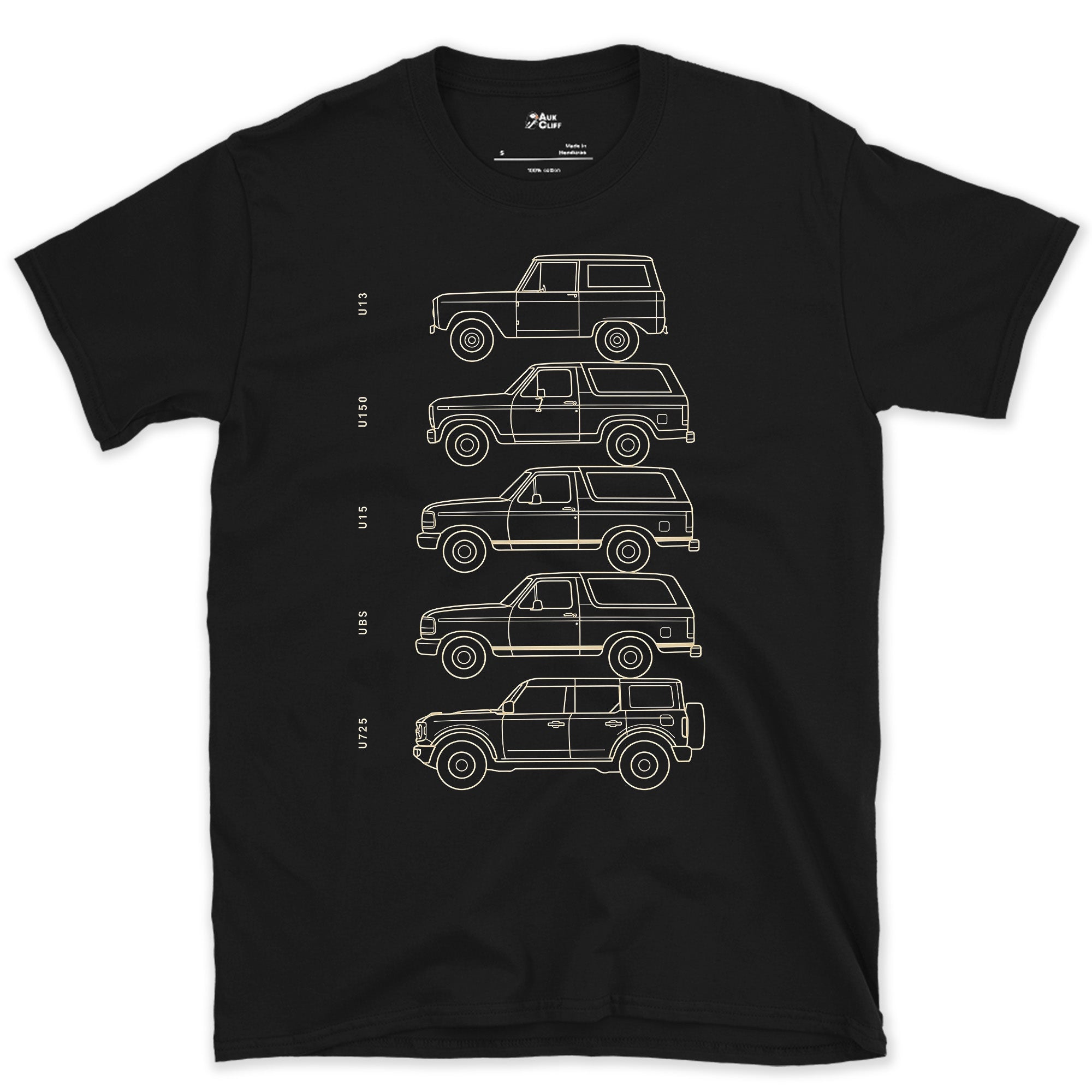 Ford Bronco, Five Chassis Codes in a Row design on a Black Gildan Softstyle t-shirt