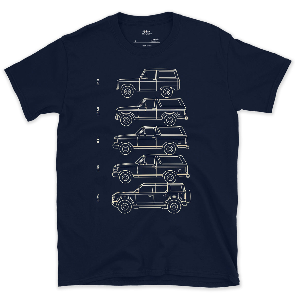 Ford Bronco, Five Chassis Codes in a Row design on a Navy Gildan Softstyle t-shirt