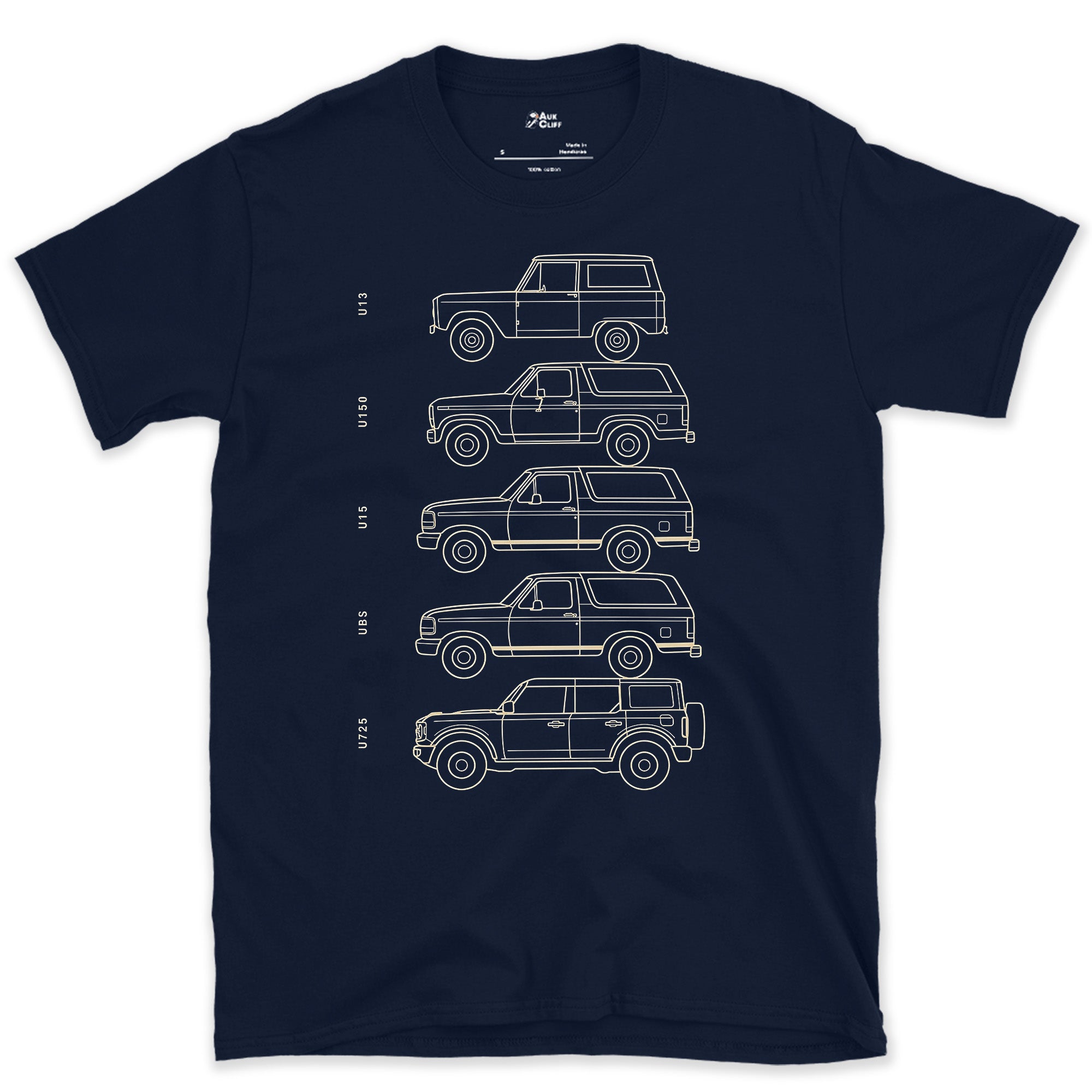 Ford Bronco, Five Chassis Codes in a Row design on a Navy Gildan Softstyle t-shirt