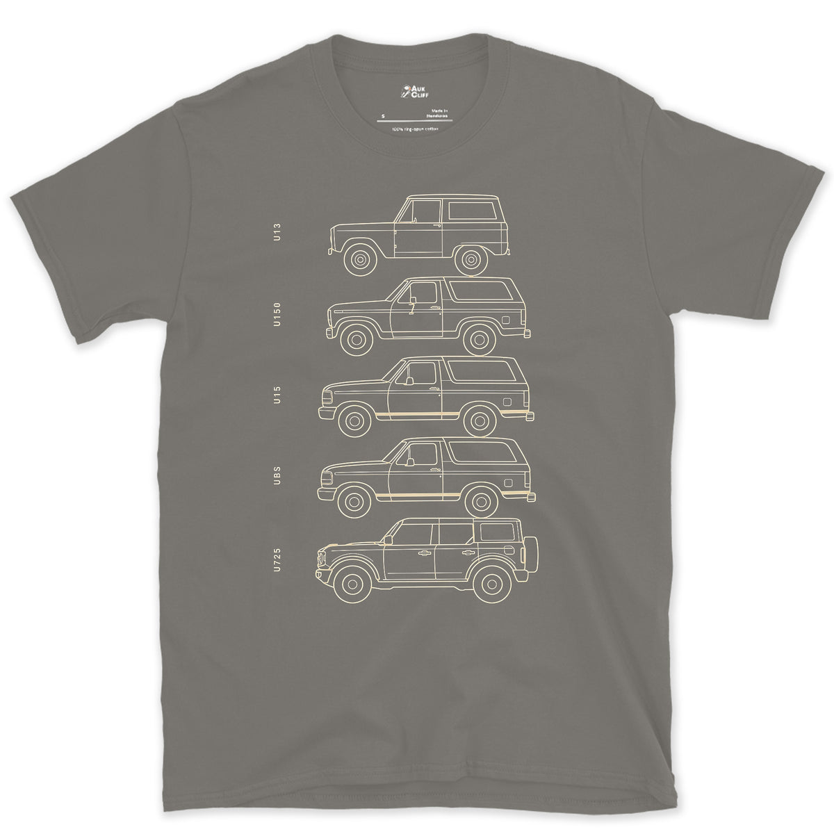 Ford Bronco, Five Chassis Codes in a Row design on a Charcoal Gildan Softstyle t-shirt