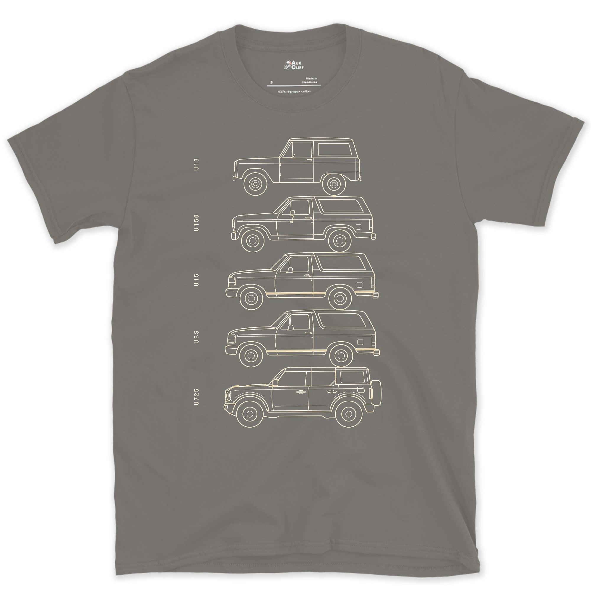 Ford Bronco, Five Chassis Codes in a Row design on a Charcoal Gildan Softstyle t-shirt
