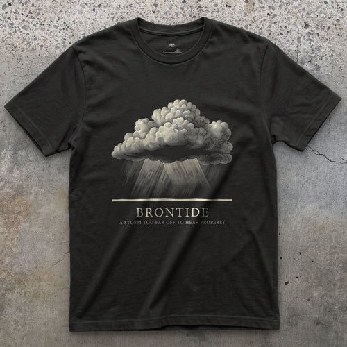 Brontide, a Storm Too Far Off to Hear Properly design on a Black Gildan Softstyle t-shirt