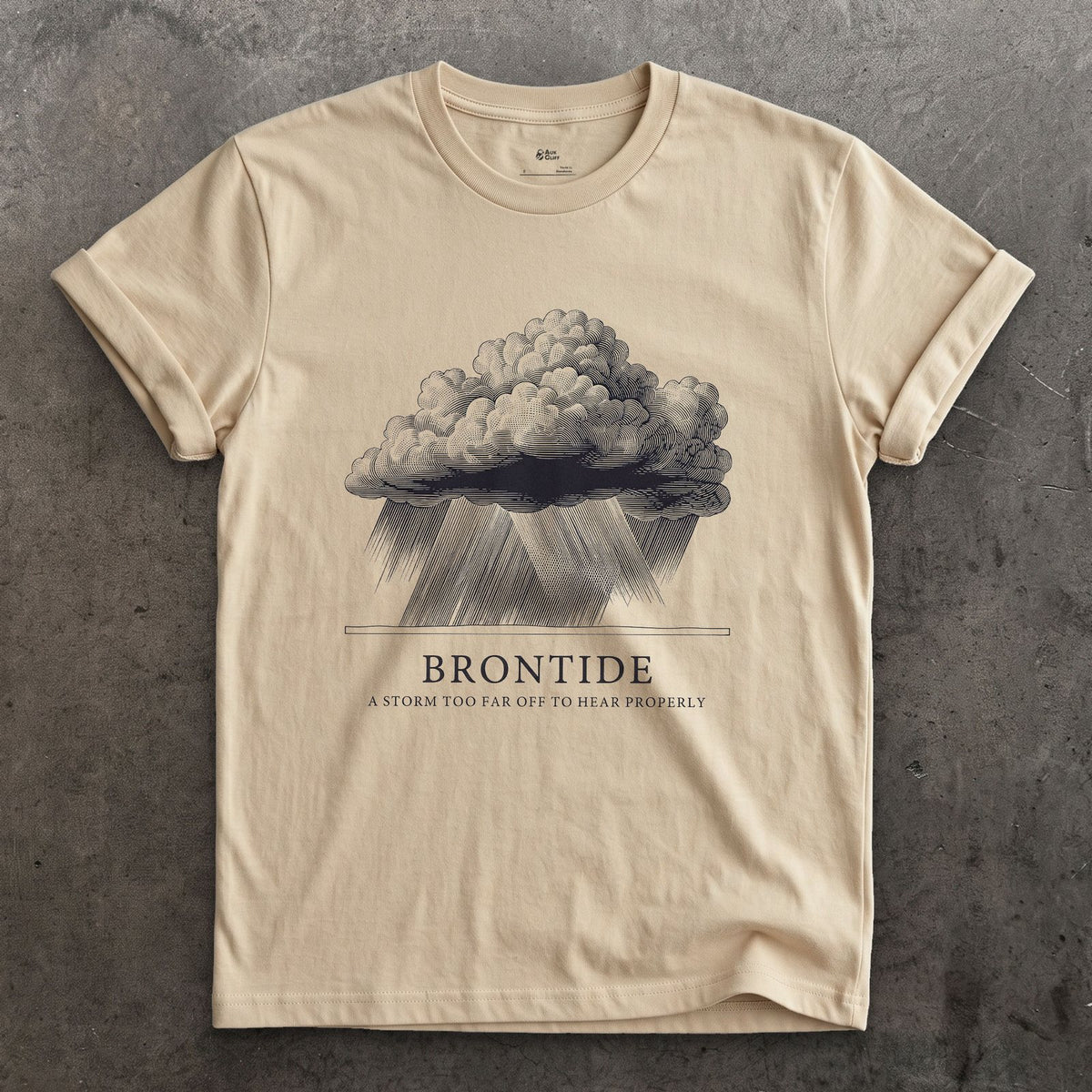 Brontide, a Storm Too Far Off to Hear Properly design on a Sand Gildan Softstyle t-shirt
