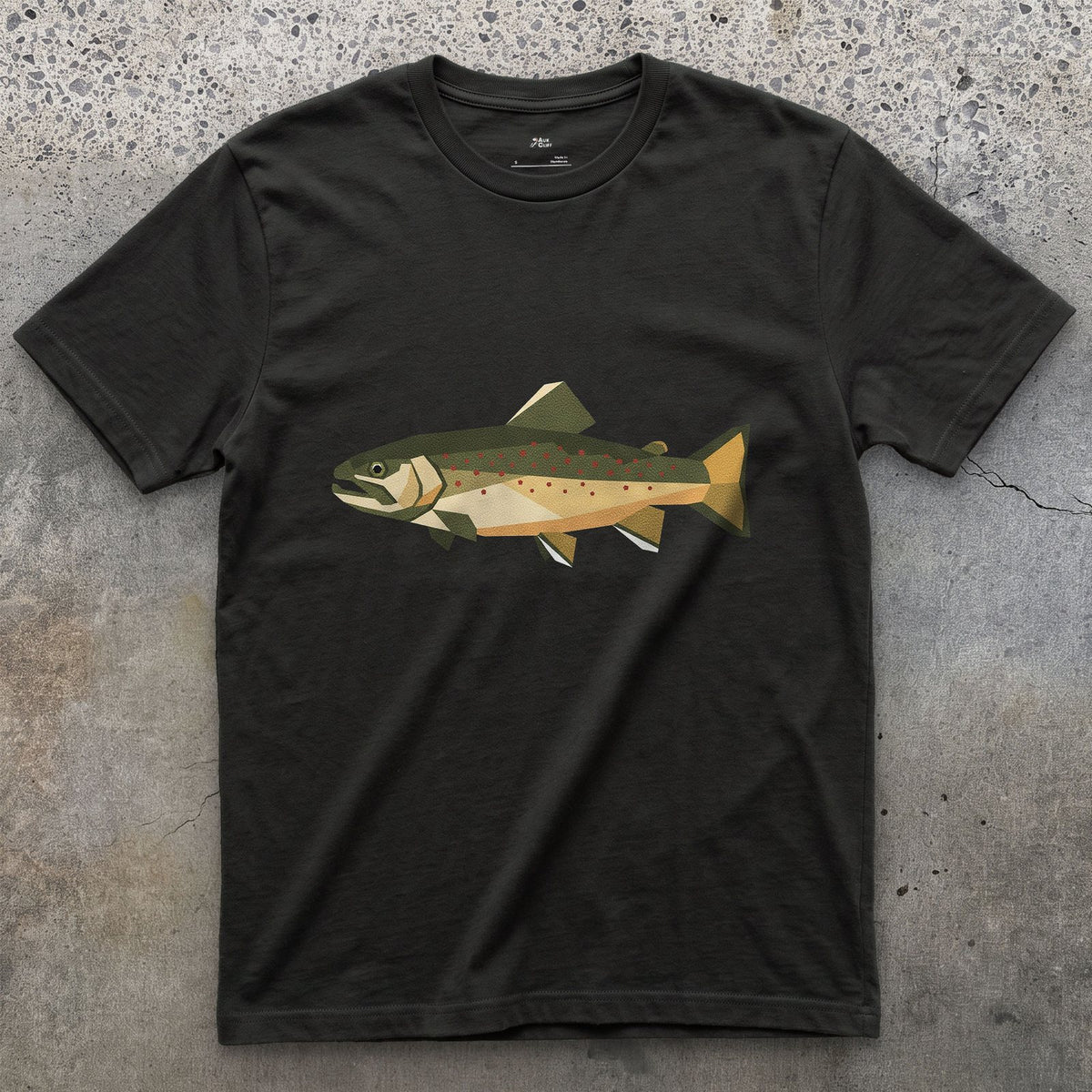 The Brook Trout Cut From Glass design on a Black Gildan Softstyle t-shirt