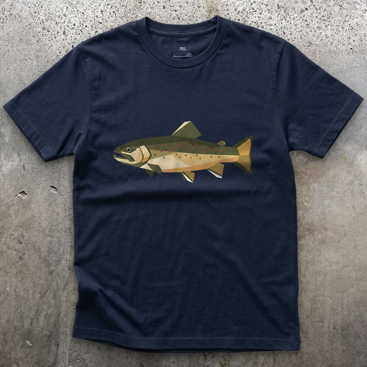 The Brook Trout Cut From Glass design on a Navy Gildan Softstyle t-shirt