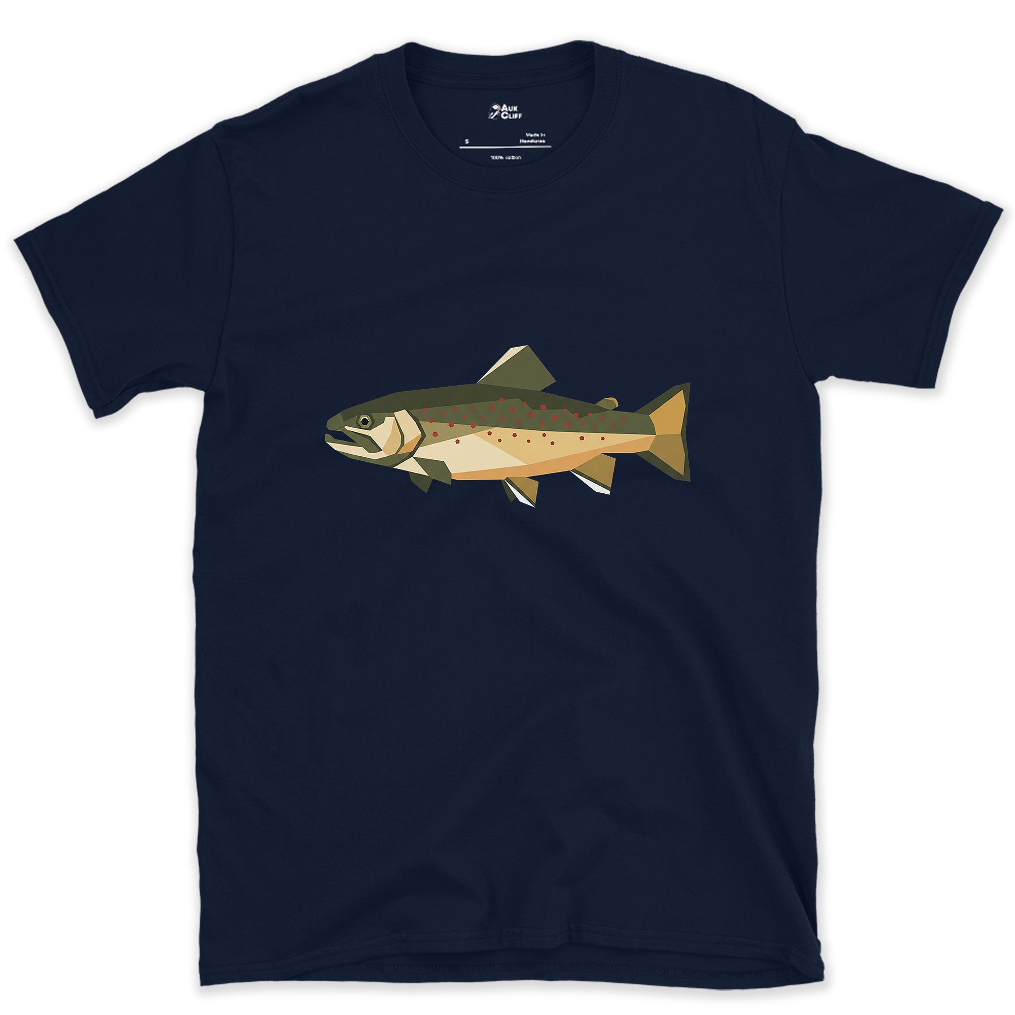 The Brook Trout Cut From Glass design on a Navy Gildan Softstyle t-shirt