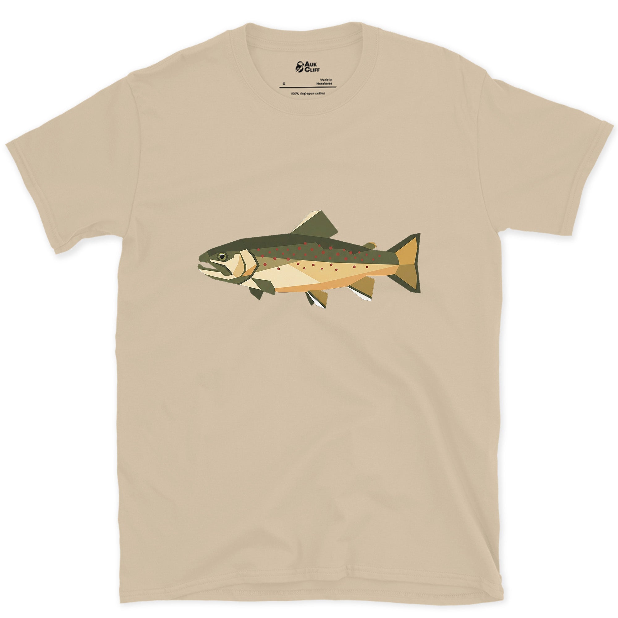 The Brook Trout Cut From Glass design on a Sand Gildan Softstyle t-shirt