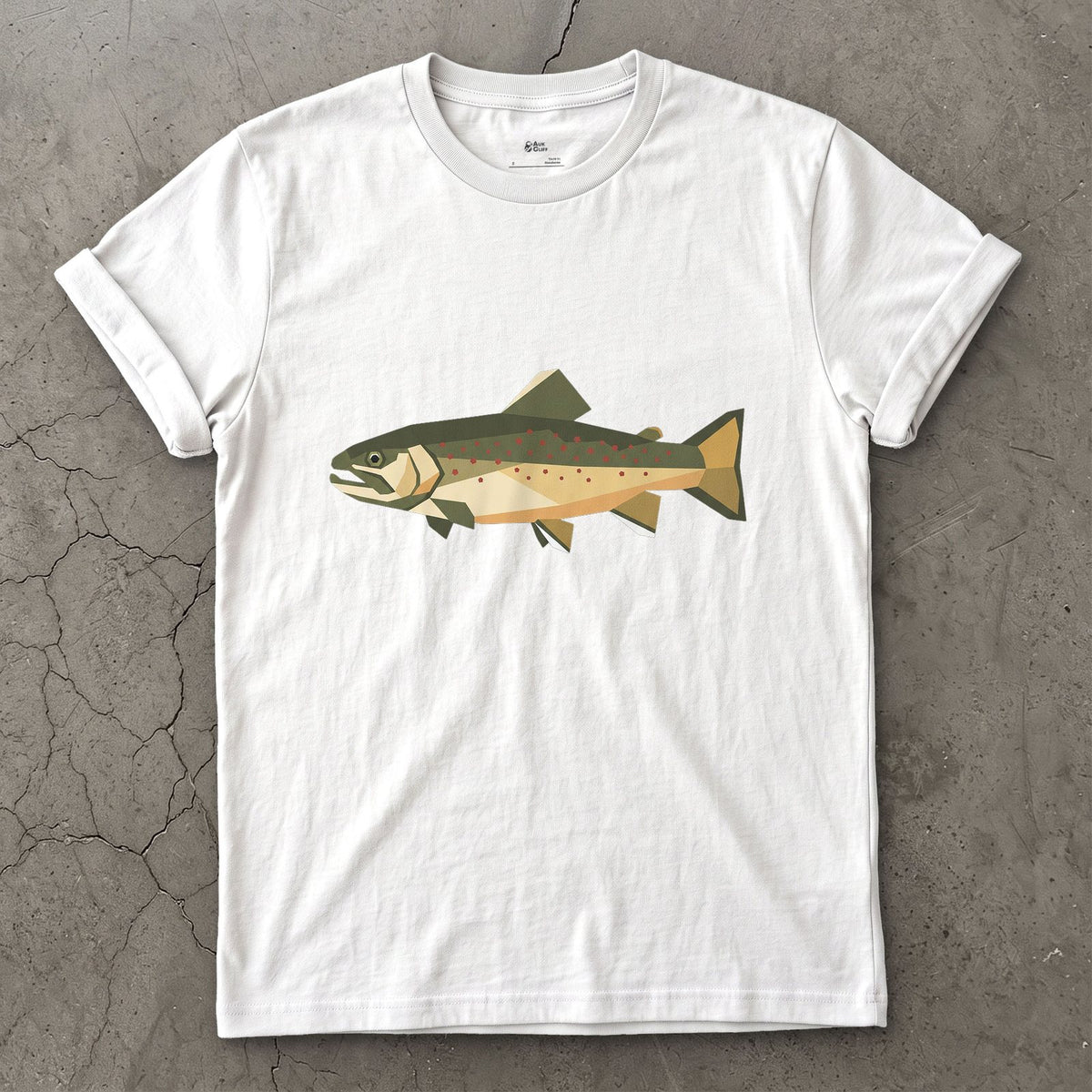 The Brook Trout Cut From Glass design on a White Gildan Softstyle t-shirt