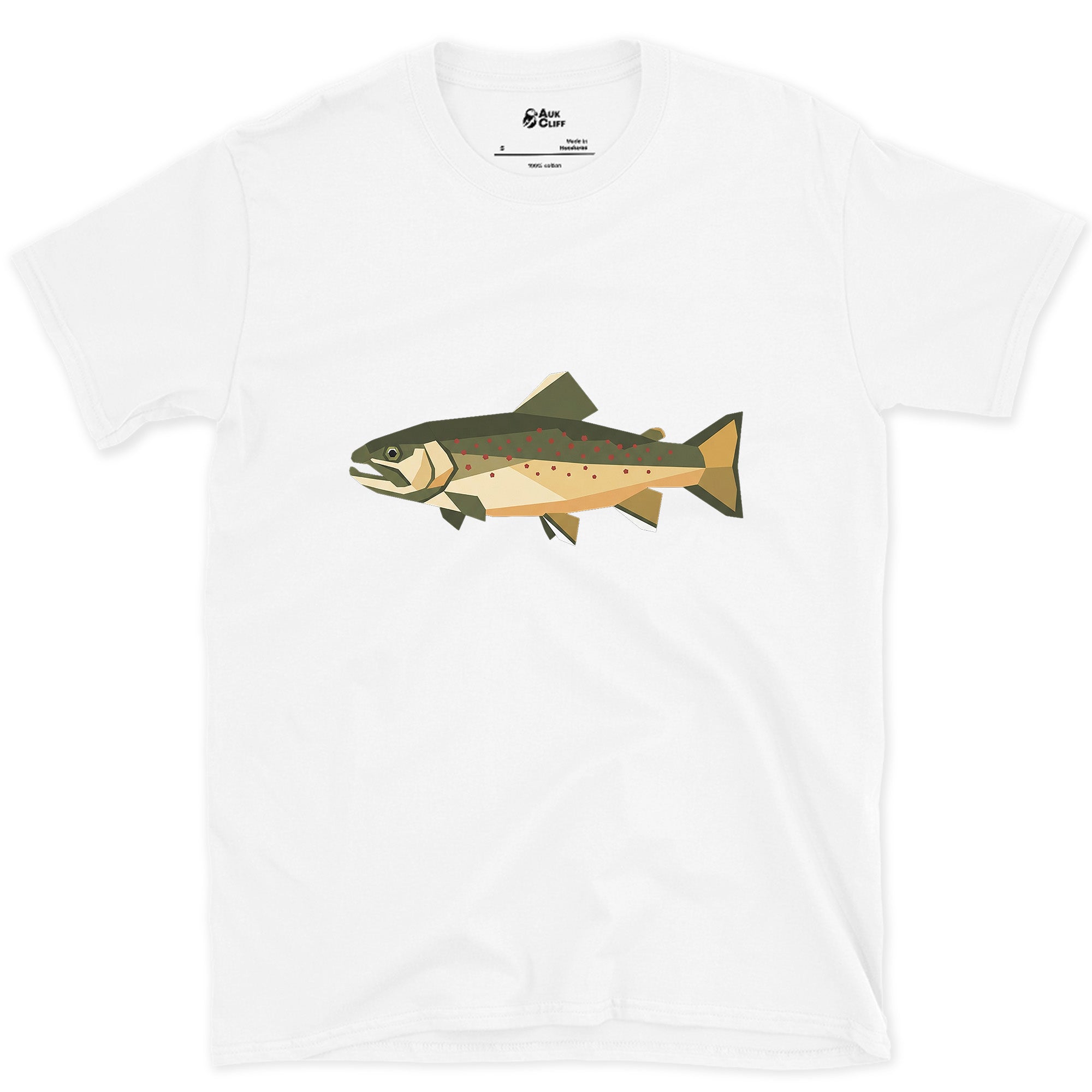The Brook Trout Cut From Glass design on a White Gildan Softstyle t-shirt