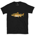 Gold and Olive Simplified to Angles, Brown Trout design on a Black Gildan Softstyle t-shirt