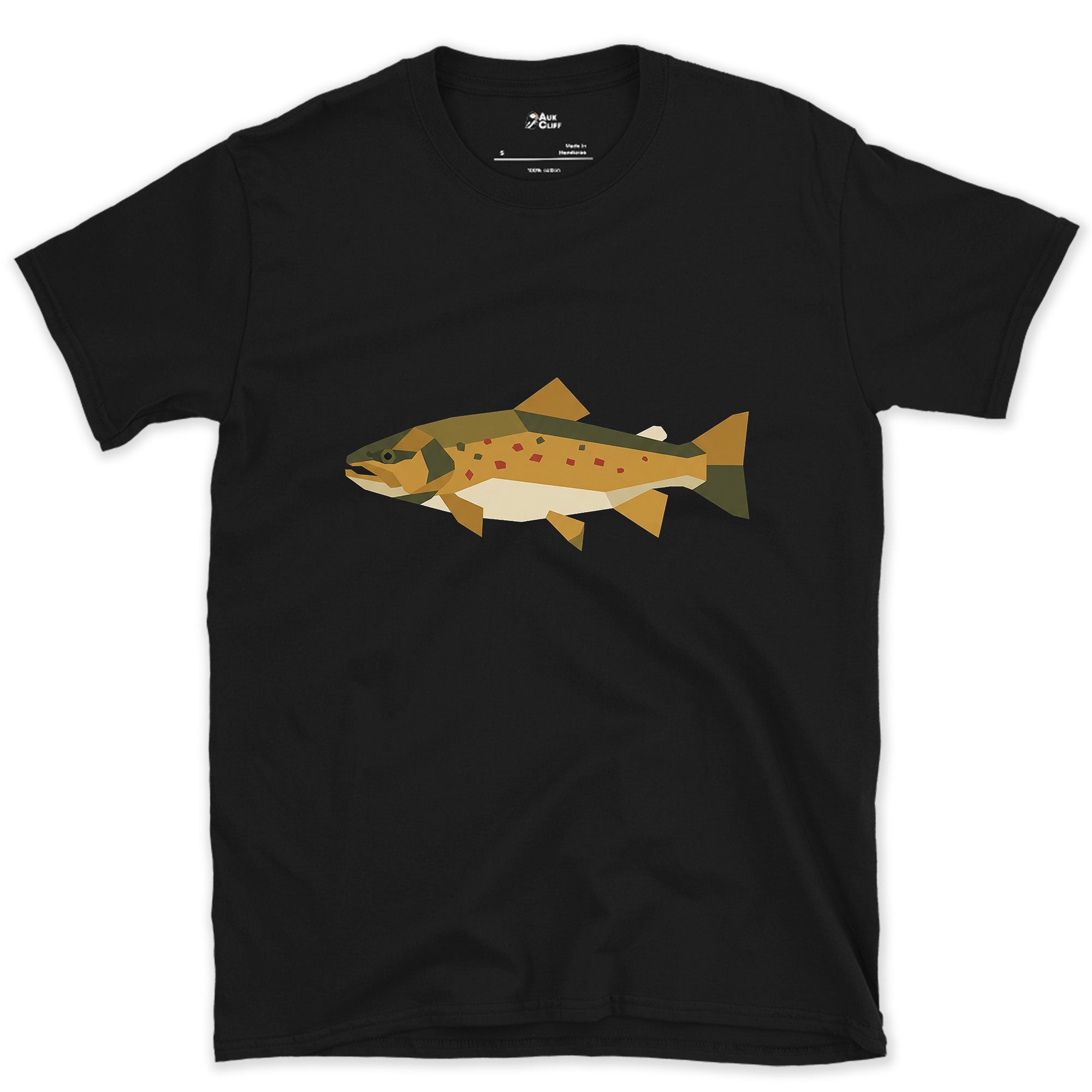 Gold and Olive Simplified to Angles, Brown Trout design on a Black Gildan Softstyle t-shirt