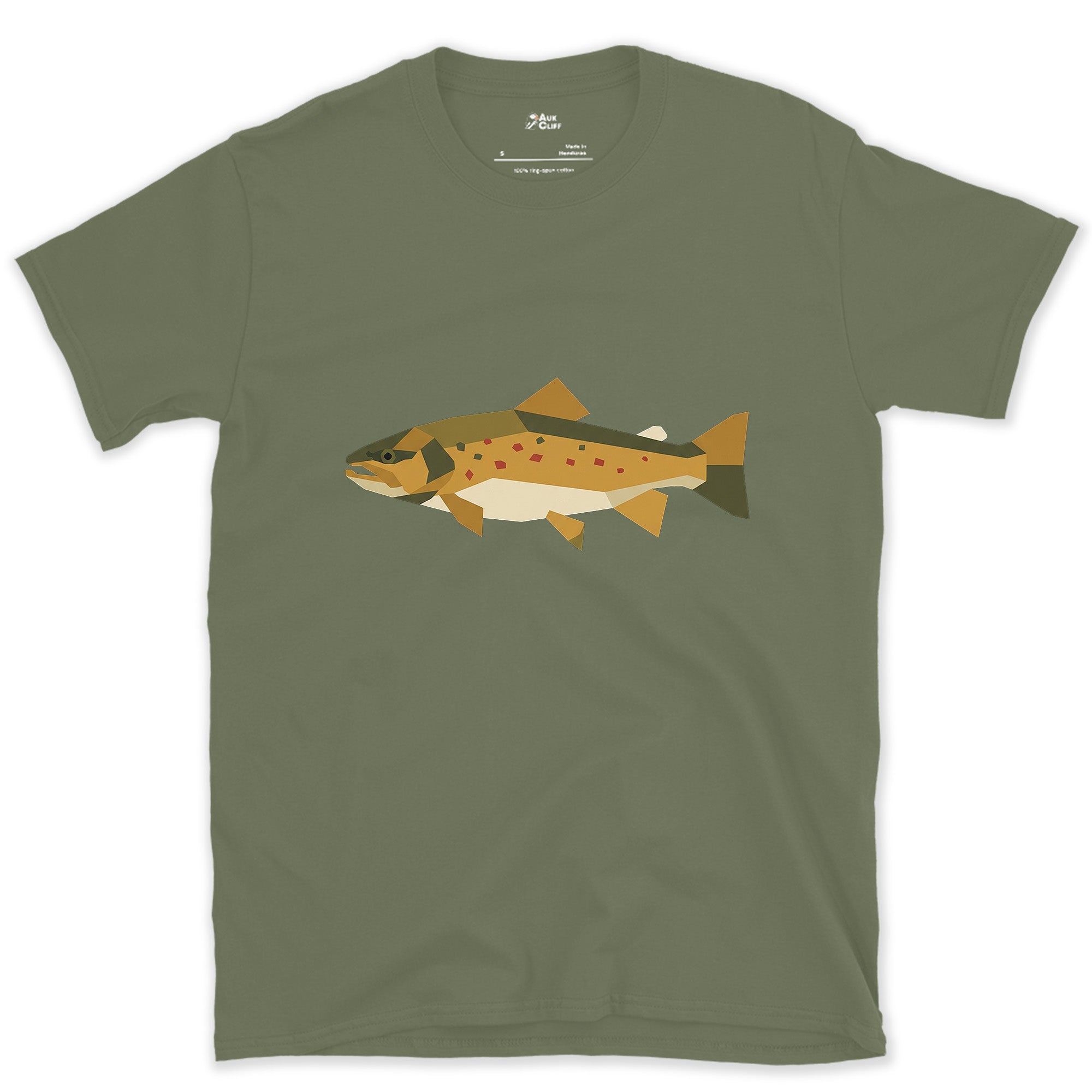 Gold and Olive Simplified to Angles, Brown Trout design on a Military Green Gildan Softstyle t-shirt