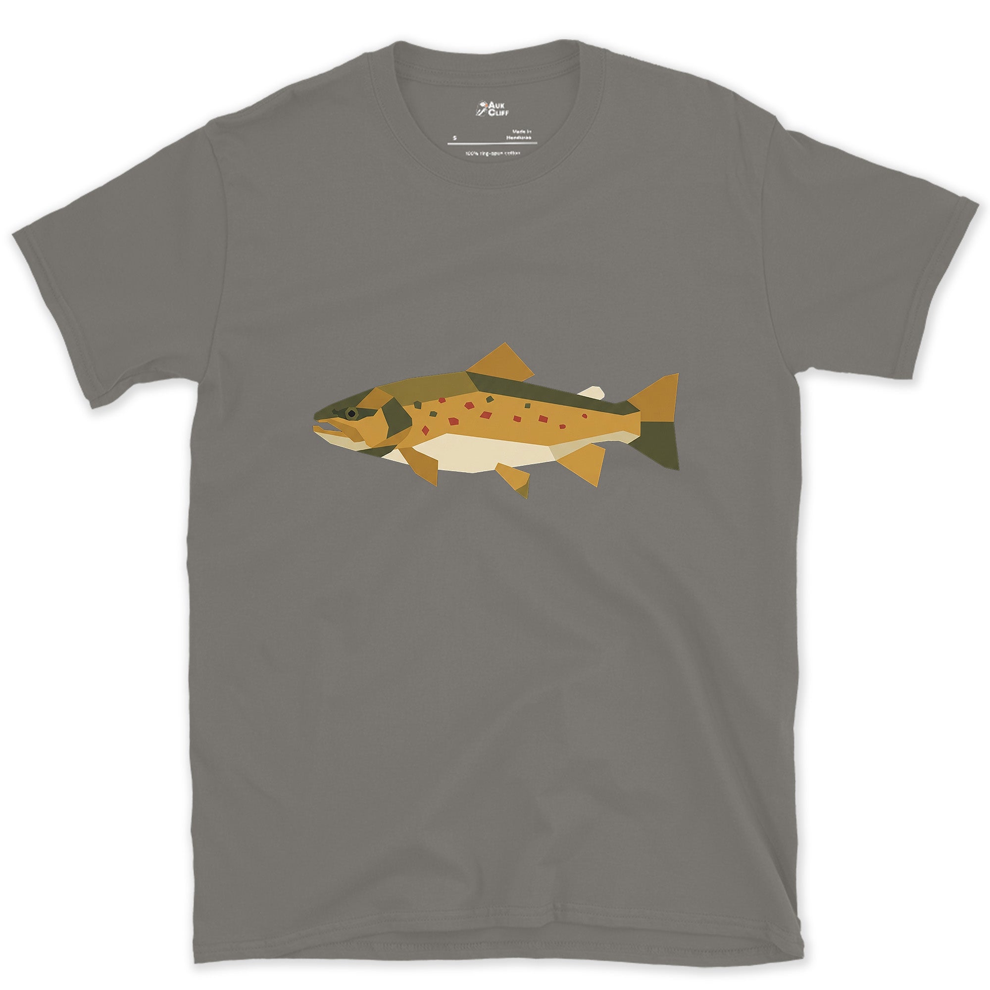 Gold and Olive Simplified to Angles, Brown Trout design on a Charcoal Gildan Softstyle t-shirt