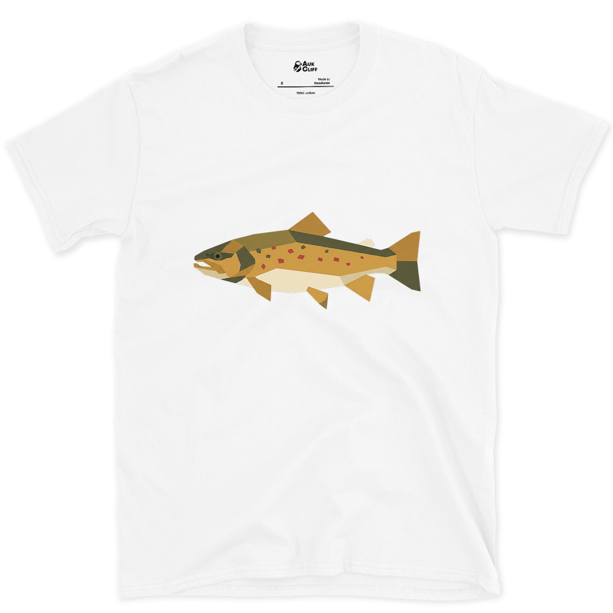 Gold and Olive Simplified to Angles, Brown Trout design on a White Gildan Softstyle t-shirt