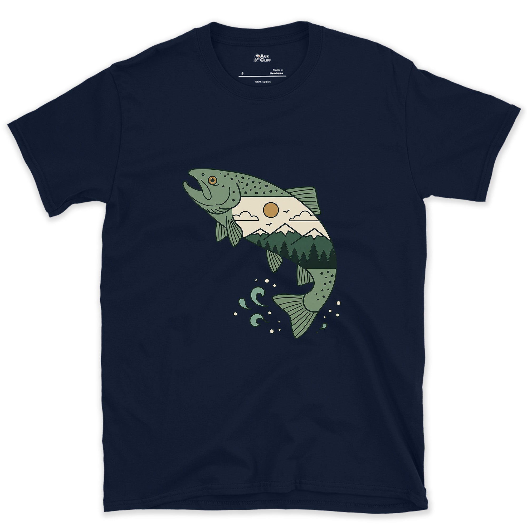 The Water It Came From, Brown Trout design on a Navy Gildan Softstyle t-shirt