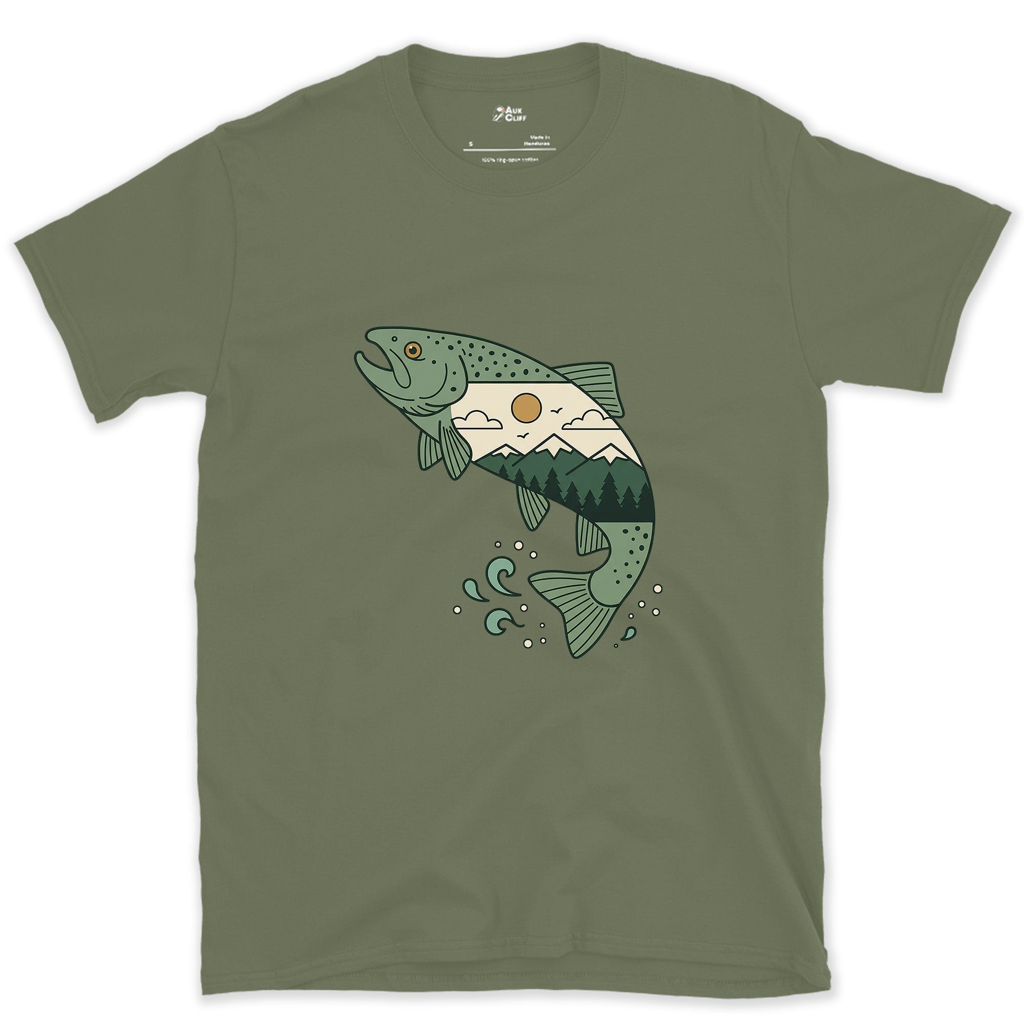 The Water It Came From, Brown Trout design on a Military Green Gildan Softstyle t-shirt