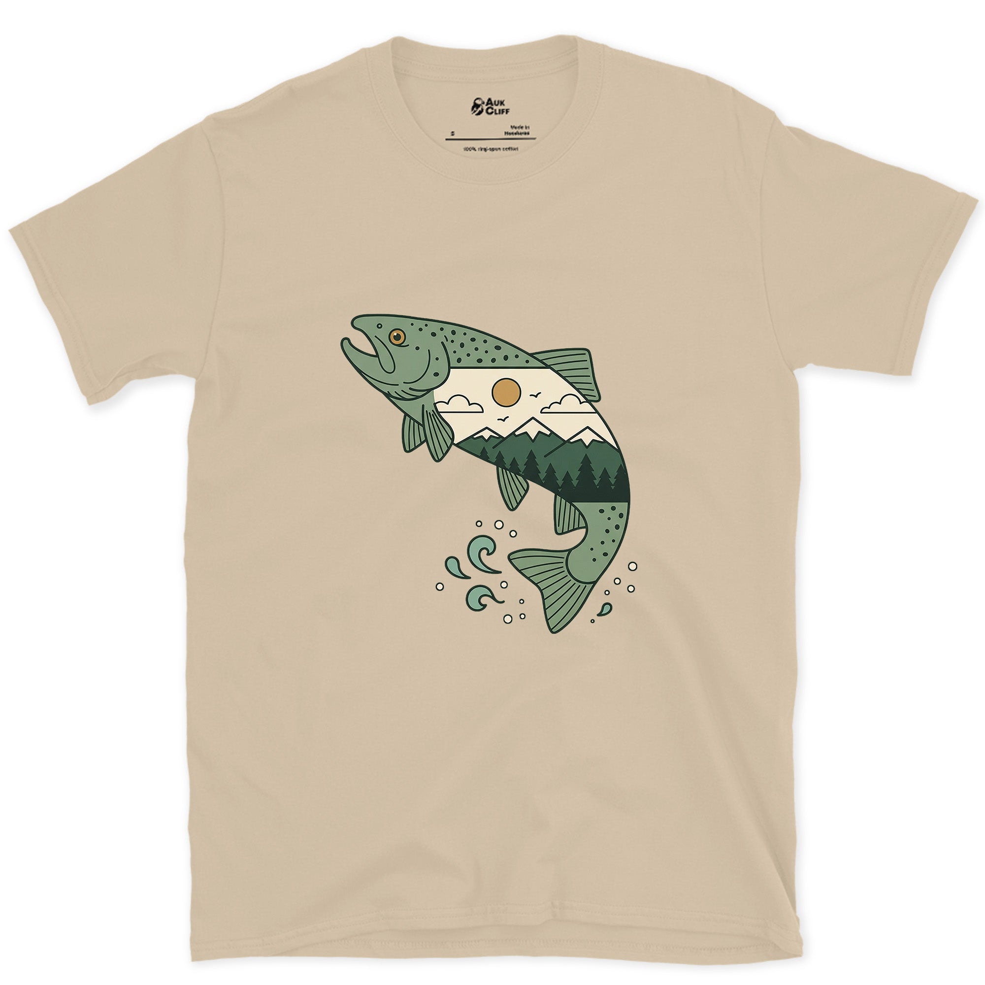 The Water It Came From, Brown Trout design on a Sand Gildan Softstyle t-shirt