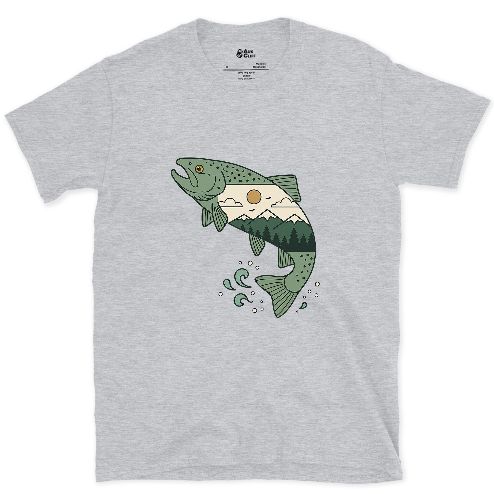 The Water It Came From, Brown Trout design on a Sport Grey Gildan Softstyle t-shirt