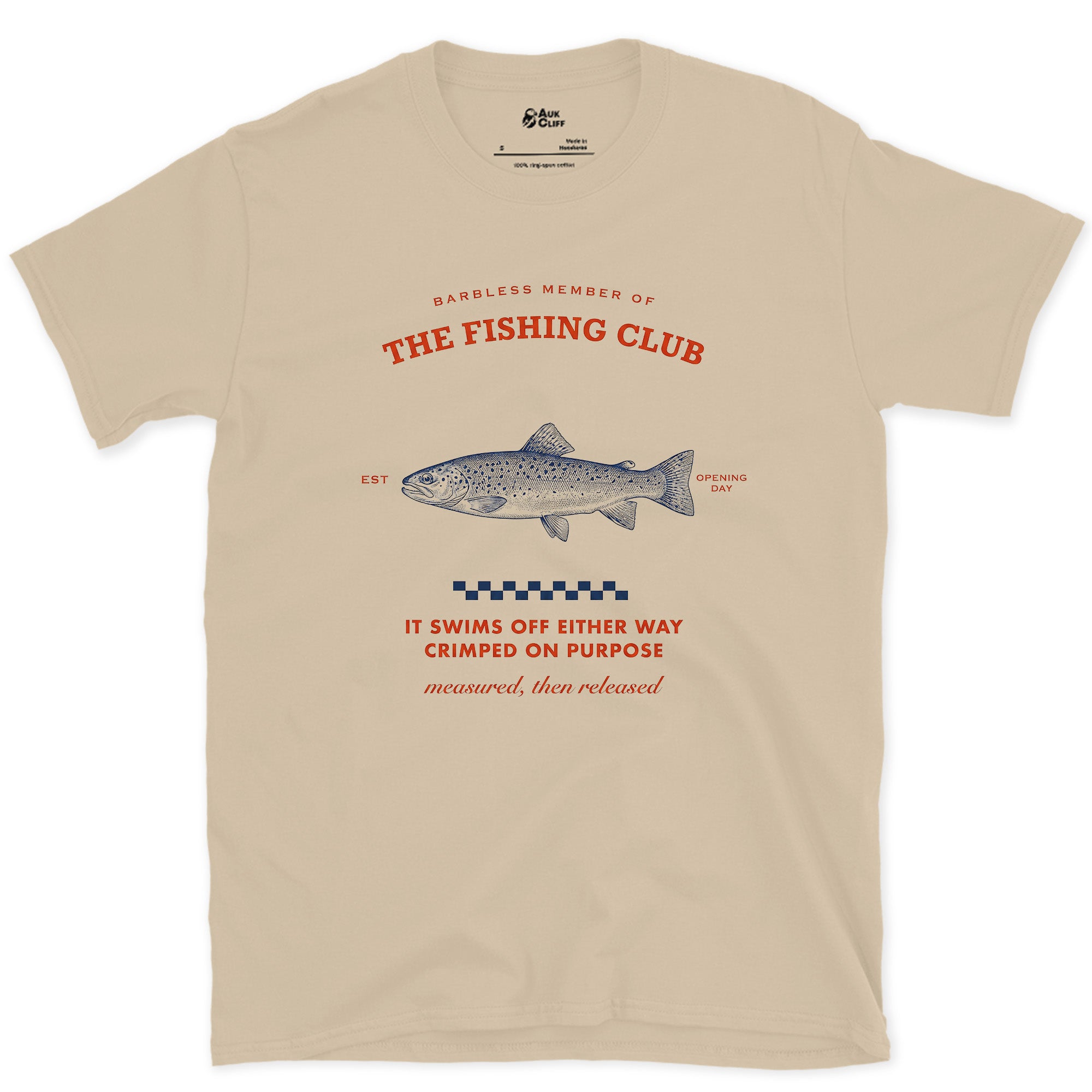 Measured Then Released, Brown Trout design on a Sand Gildan Softstyle t-shirt
