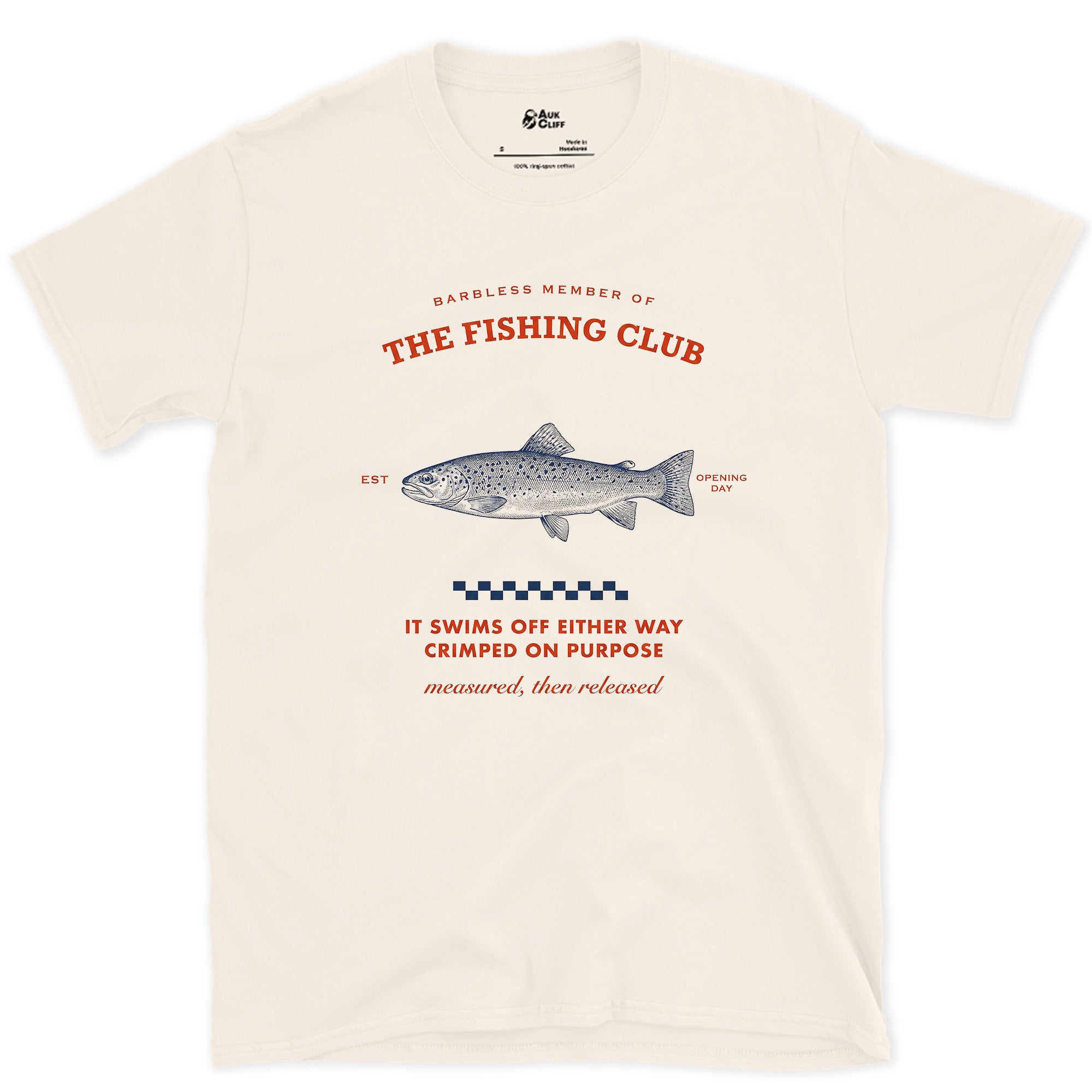 Measured Then Released, Brown Trout design on a Natural Gildan Softstyle t-shirt
