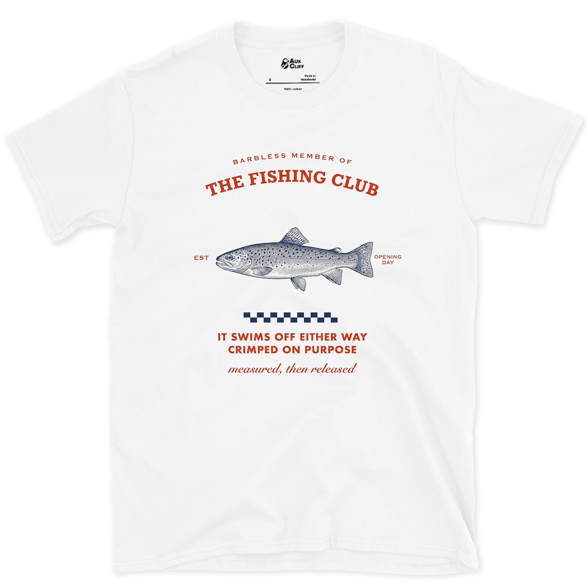 Measured Then Released, Brown Trout design on a White Gildan Softstyle t-shirt