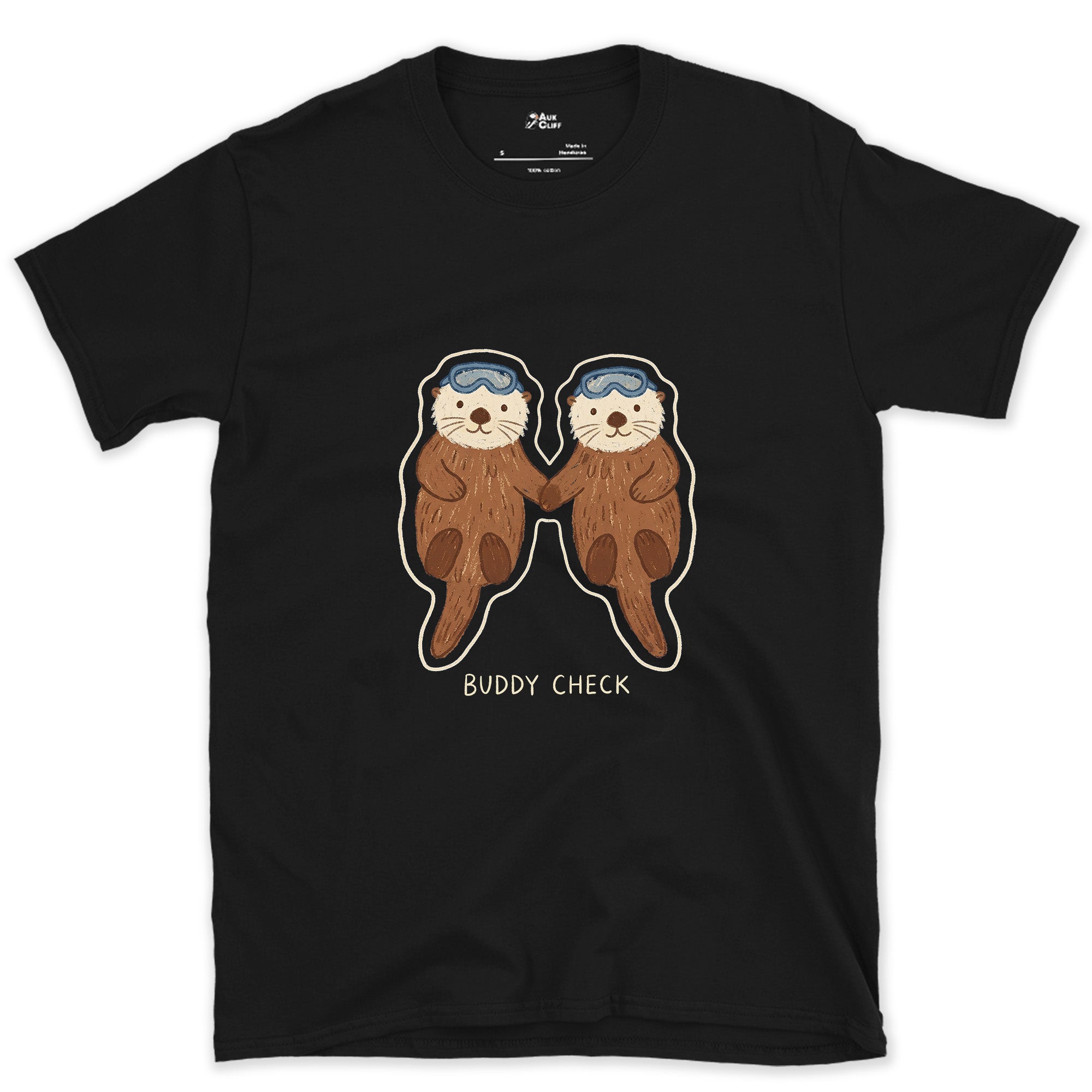 Buddy Check, Sea Otters Holding Hands design on a Black Gildan Softstyle t-shirt