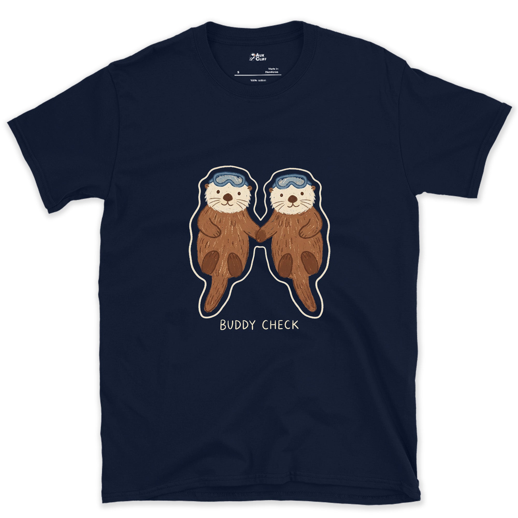 Buddy Check, Sea Otters Holding Hands design on a Navy Gildan Softstyle t-shirt