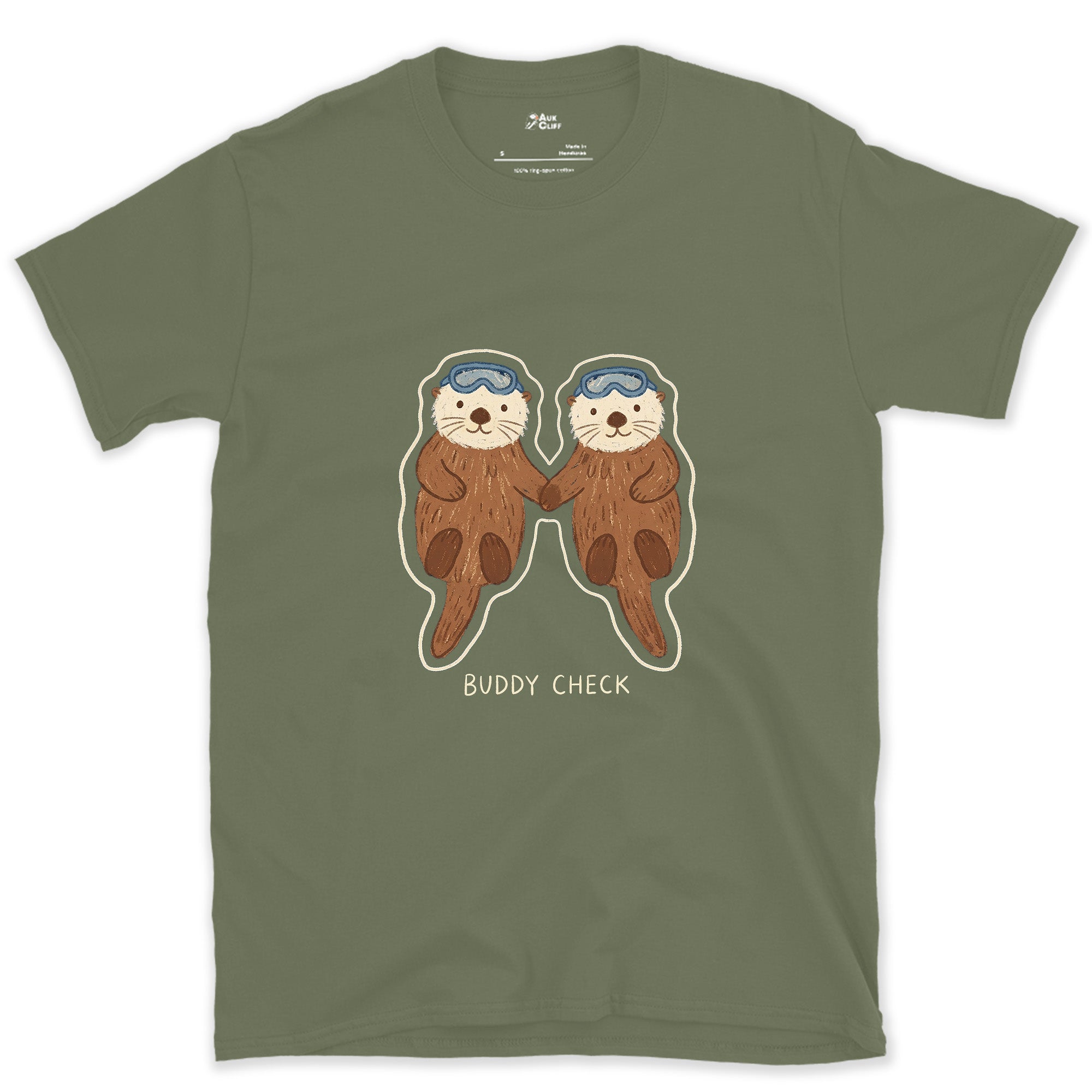 Buddy Check, Sea Otters Holding Hands design on a Military Green Gildan Softstyle t-shirt