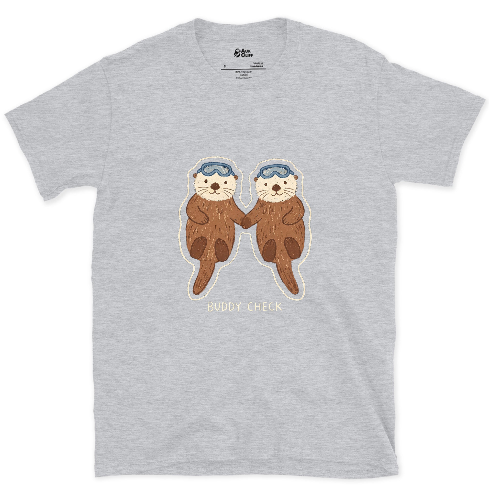 Buddy Check, Sea Otters Holding Hands design on a Sport Grey Gildan Softstyle t-shirt
