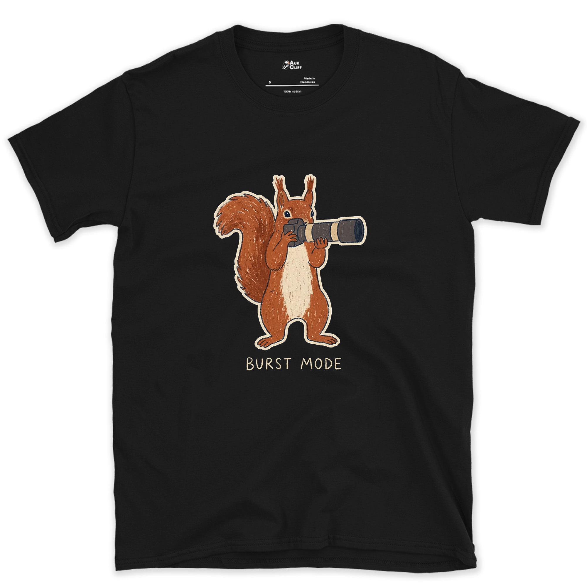 Burst Mode, Squirrel Never Sits Still design on a Black Gildan Softstyle t-shirt