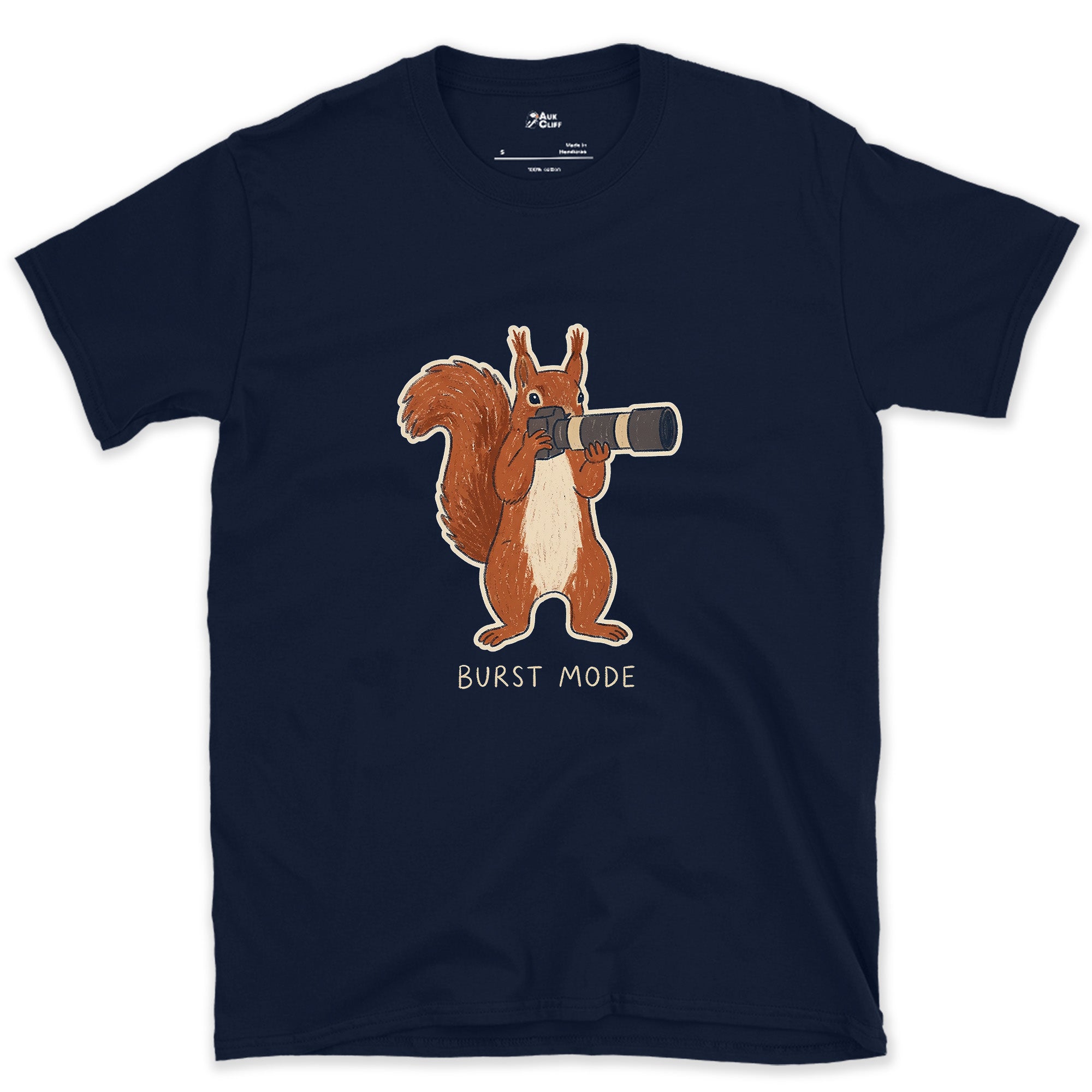 Burst Mode, Squirrel Never Sits Still design on a Navy Gildan Softstyle t-shirt