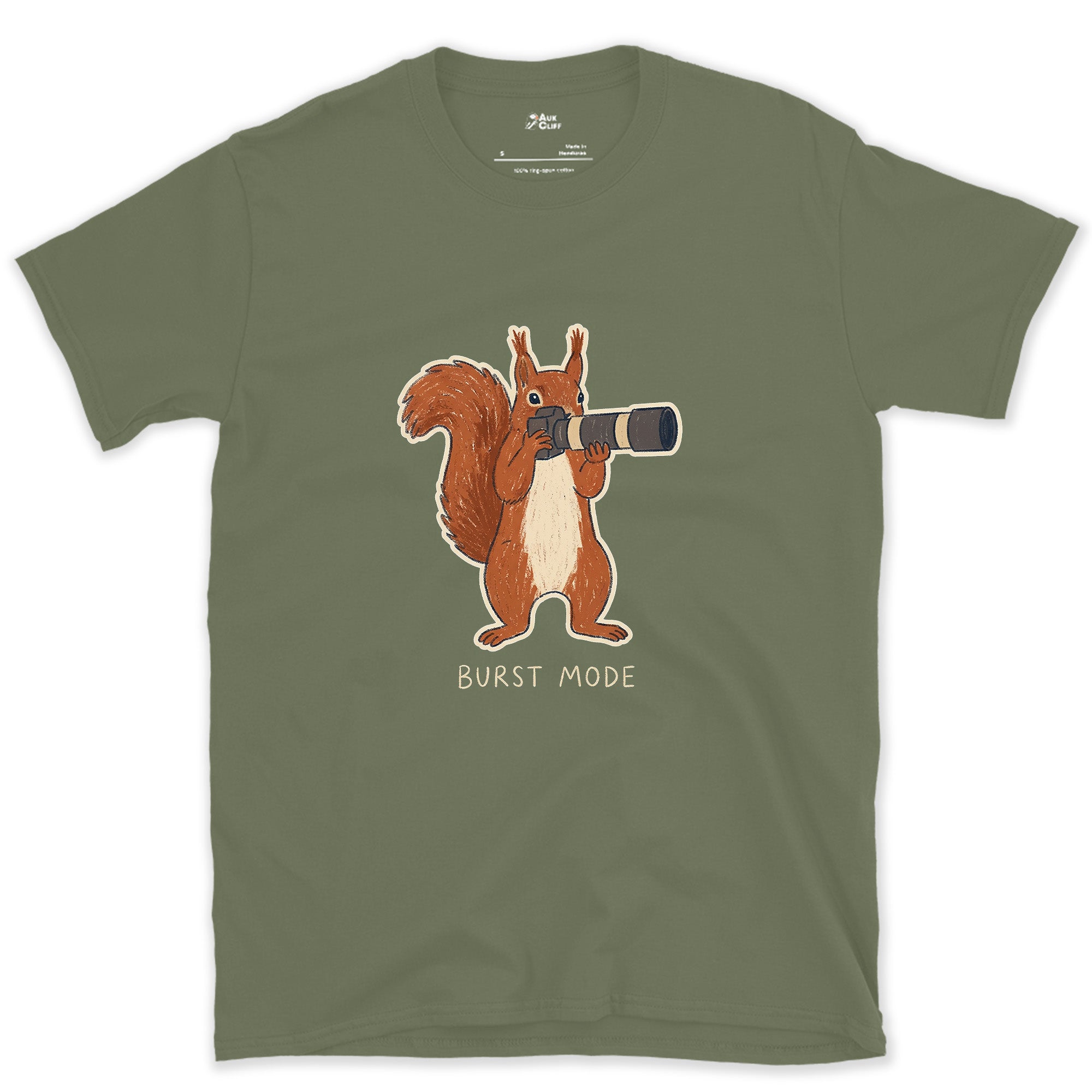 Burst Mode, Squirrel Never Sits Still design on a Military Green Gildan Softstyle t-shirt