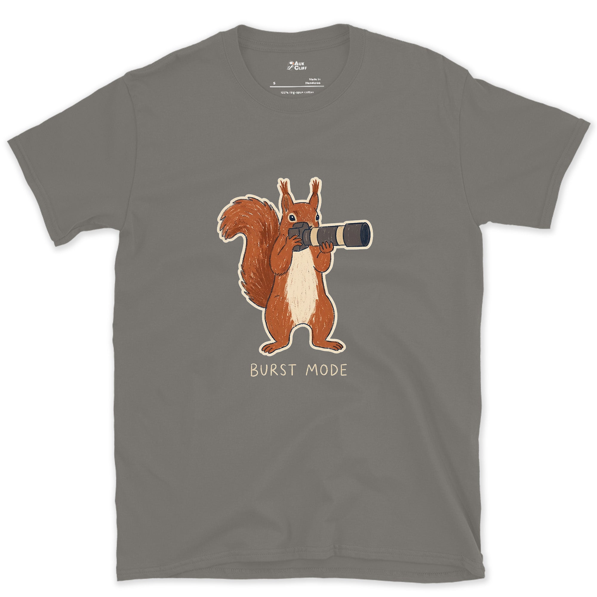 Burst Mode, Squirrel Never Sits Still design on a Charcoal Gildan Softstyle t-shirt