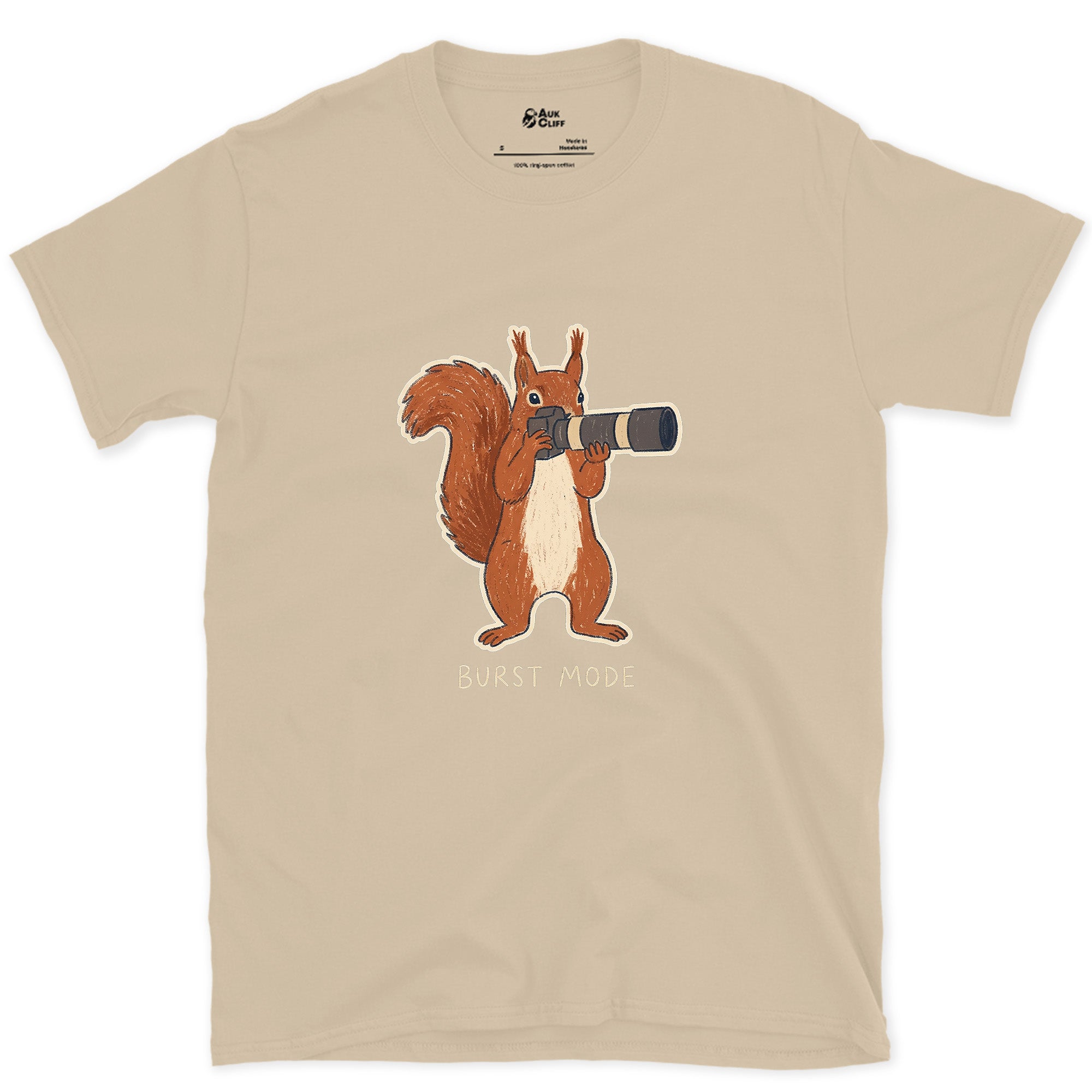 Burst Mode, Squirrel Never Sits Still design on a Sand Gildan Softstyle t-shirt
