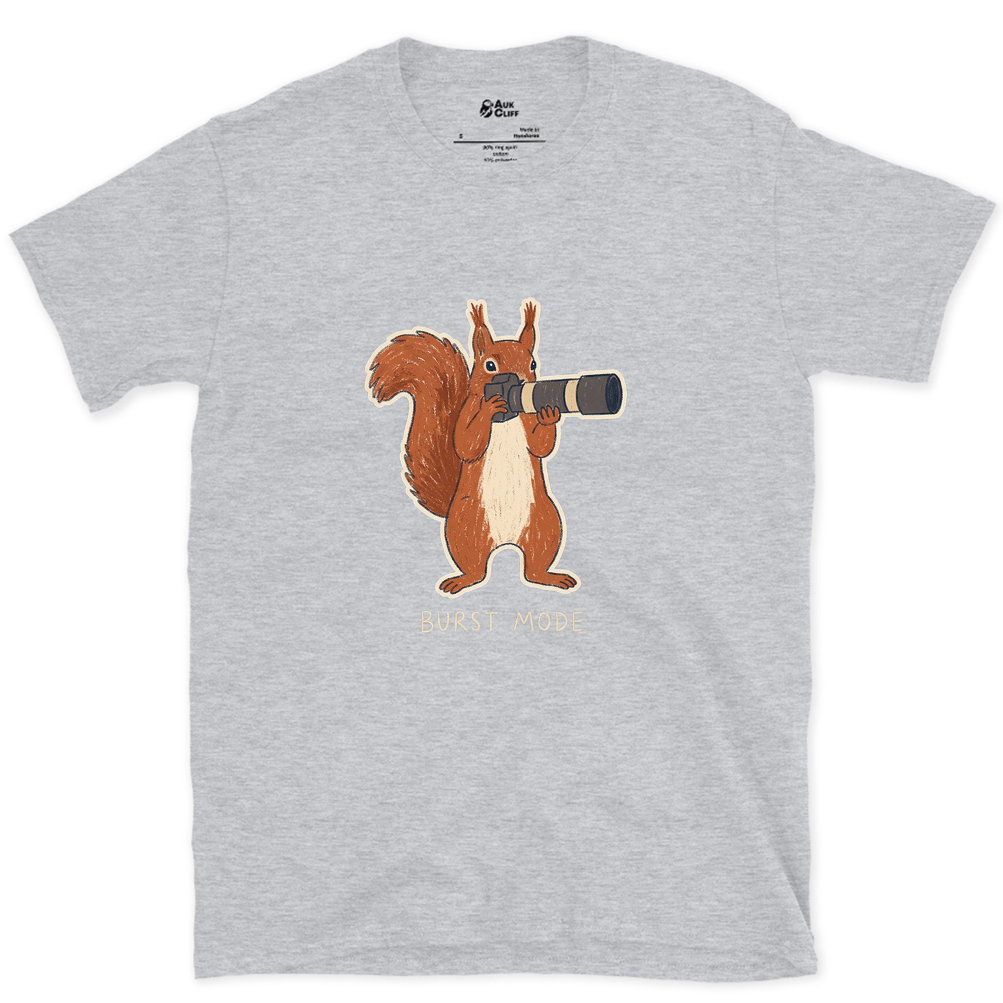 Burst Mode, Squirrel Never Sits Still design on a Sport Grey Gildan Softstyle t-shirt