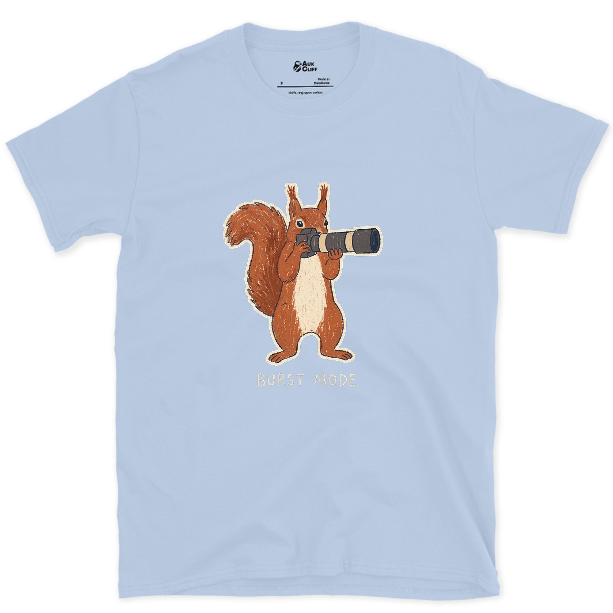 Burst Mode, Squirrel Never Sits Still design on a Light Blue Gildan Softstyle t-shirt