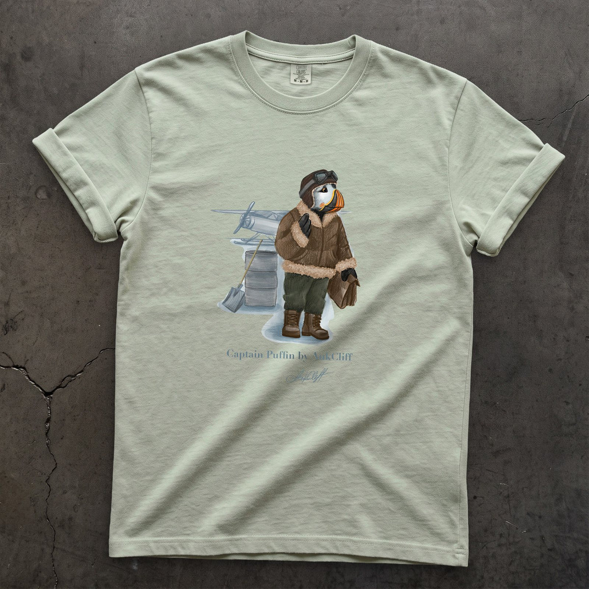Captain Puffin Arctic Bush Pilot on a Bay Comfort Colors t-shirt