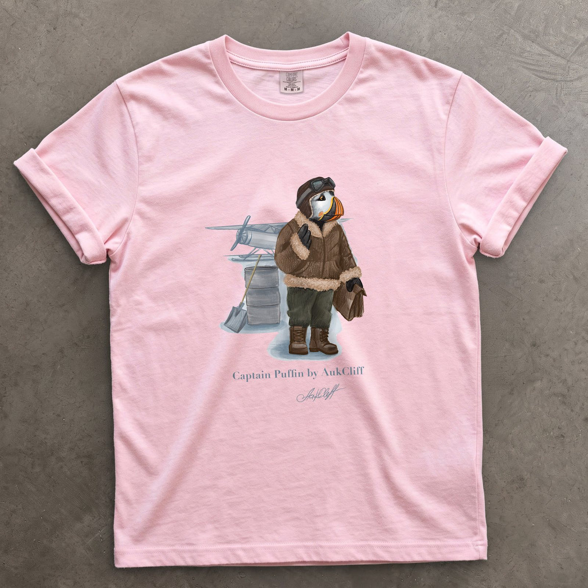 Captain Puffin Arctic Bush Pilot on a Blossom Comfort Colors t-shirt