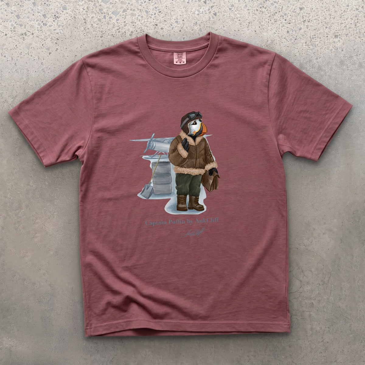 Captain Puffin Arctic Bush Pilot on a Brick Comfort Colors t-shirt