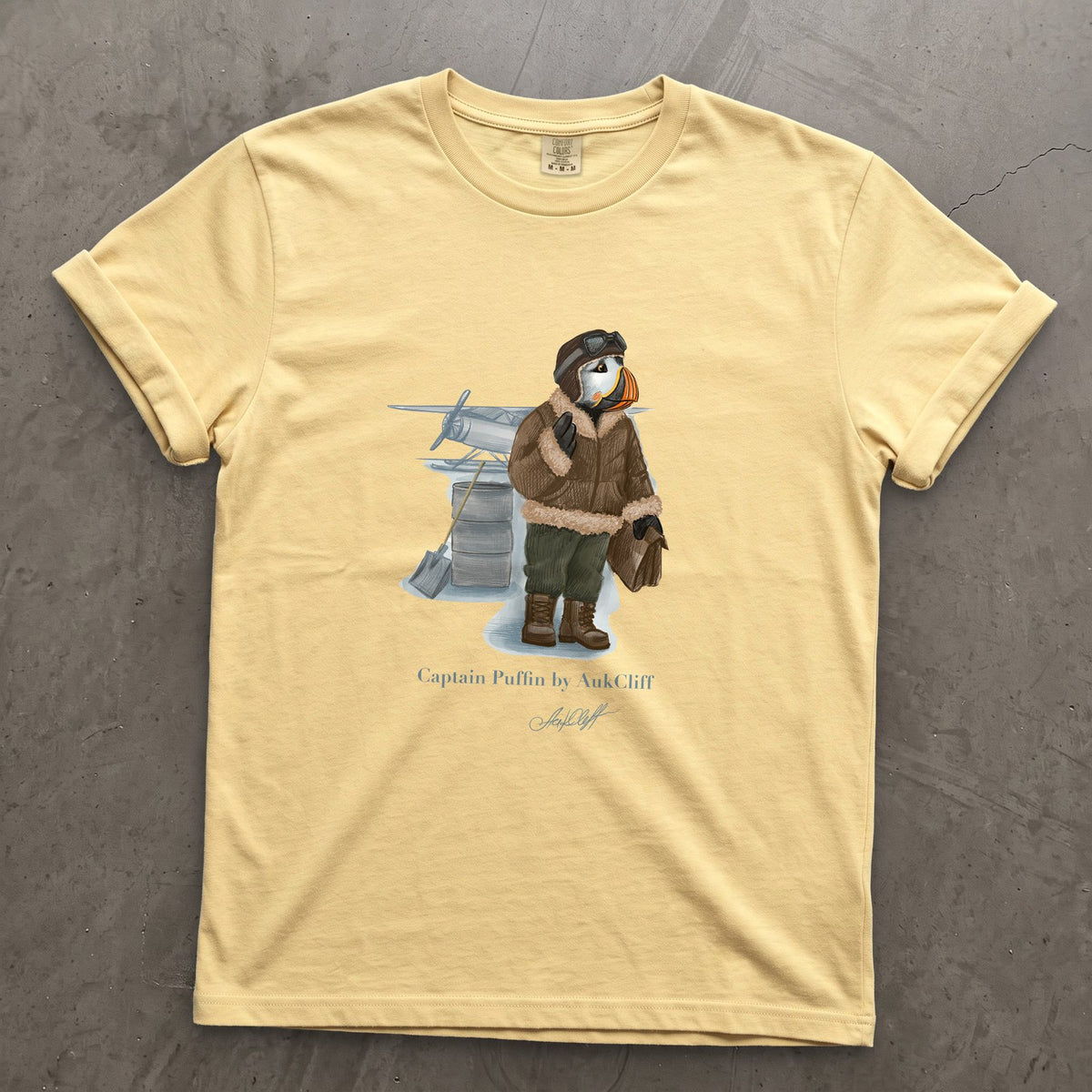 Captain Puffin Arctic Bush Pilot on a Butter Comfort Colors t-shirt