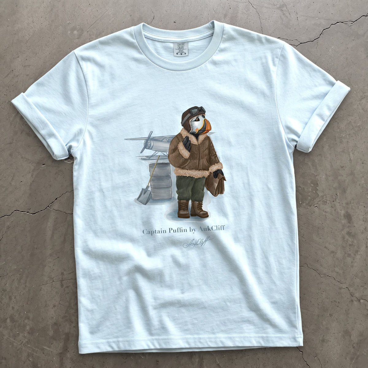 Captain Puffin Arctic Bush Pilot on a Chambray Comfort Colors t-shirt