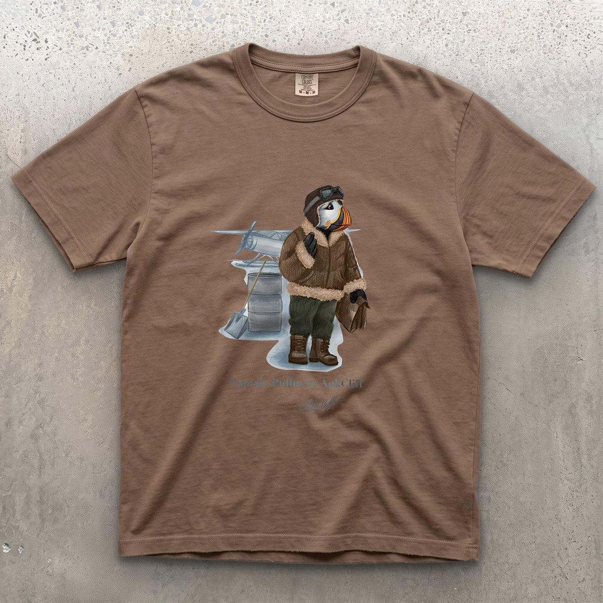 Captain Puffin Arctic Bush Pilot on a Espresso Comfort Colors t-shirt