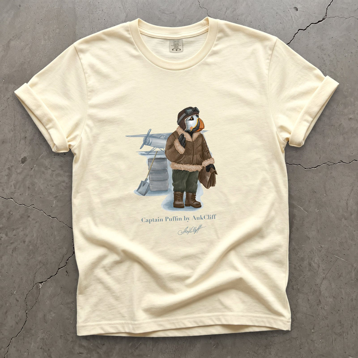 Captain Puffin Arctic Bush Pilot on a Ivory Comfort Colors t-shirt