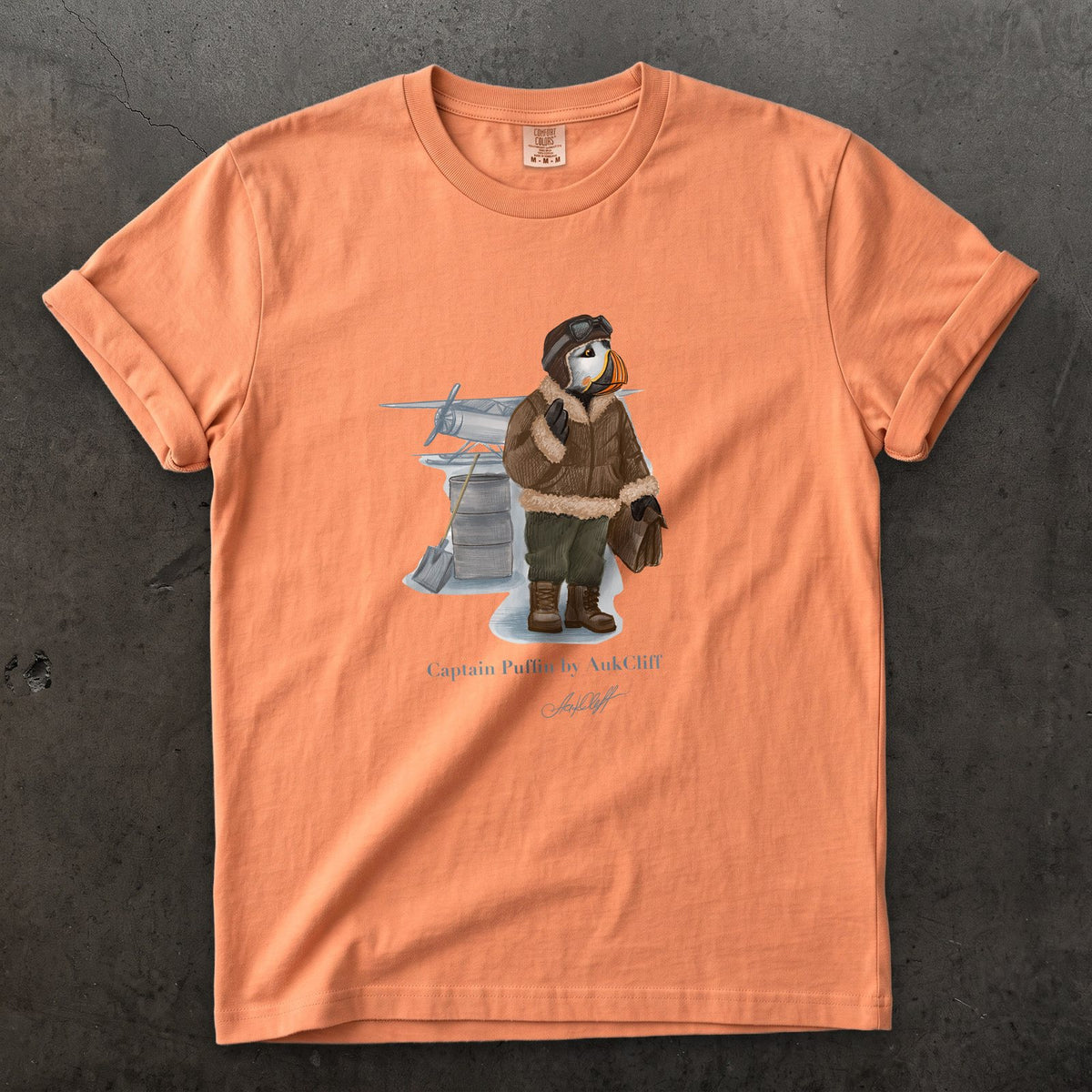 Captain Puffin Arctic Bush Pilot on a Terracotta Comfort Colors t-shirt